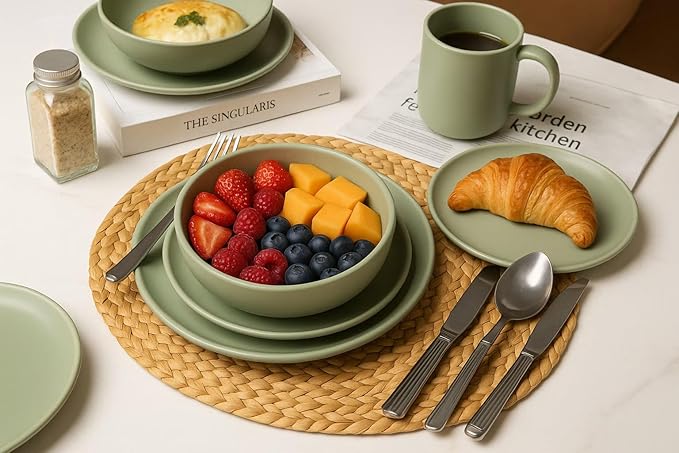 12-Piece Matte Green Dinnerware Set,Stoneware Dinnerware for 4, Microwave & Dishwasher Safe, Stackable Design for Kitchen and Dining - Plates and Bowls