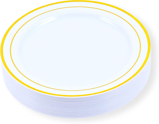 120-Piece Dinner Plastic Plates Set Premium 120 Dinner Plates, Disposable Plates for Party - White Plastic Wedding Plates with Gold Rim