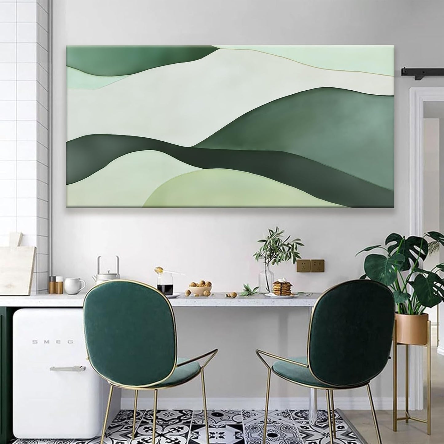 Suconvng Large Abstract Wall Art For Living Room Decor Green White Wall Art Irregular Shapes Painting Prints Minimalist Abstract Art Modern Canvas Art Wall Decor For Bedroom Kitchen Office 29" × 58"