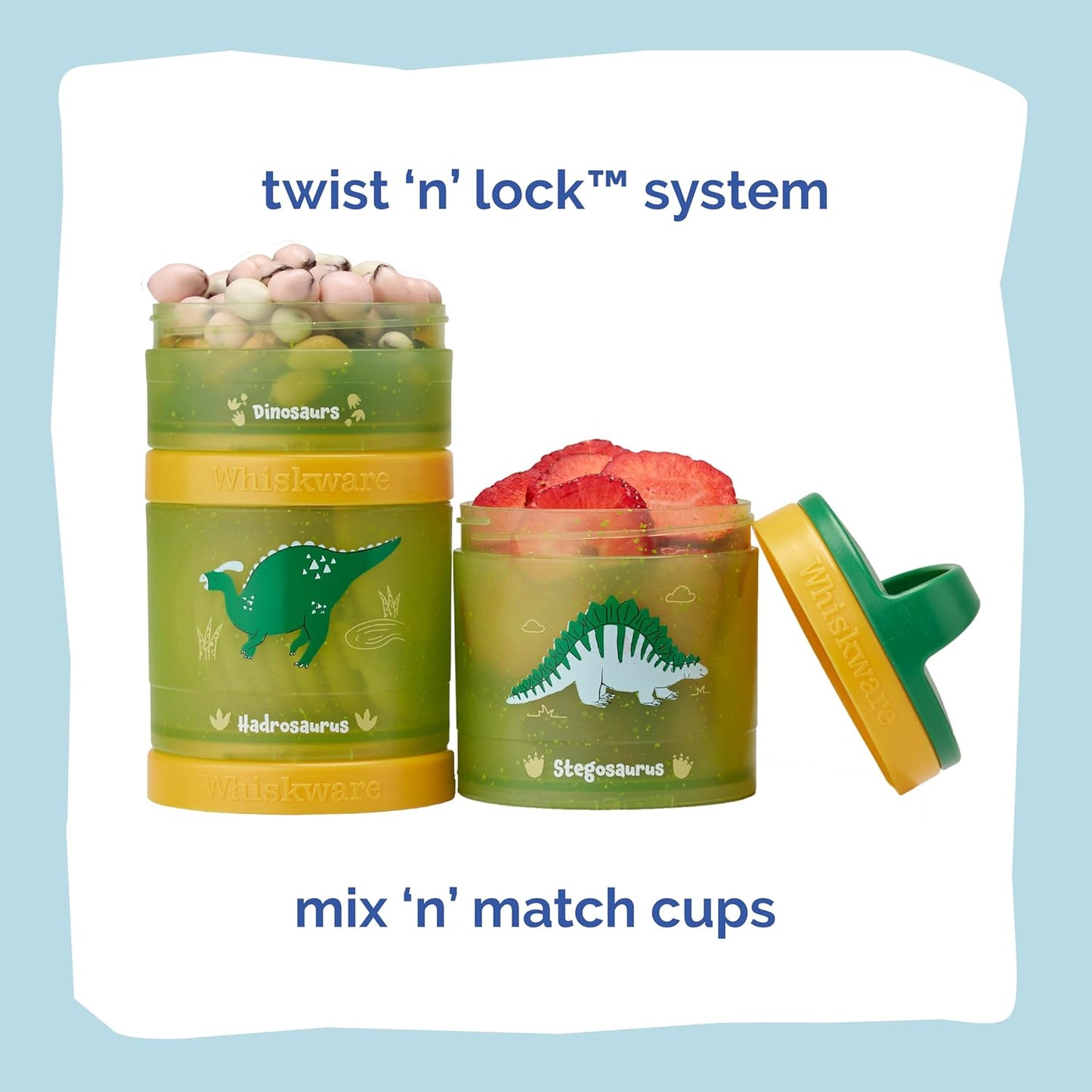 Whiskware Dinosaur Stackable Snack Containers for Kids and Toddlers, 3 Stackable Snack Cups for School and Travel, Green/Orange