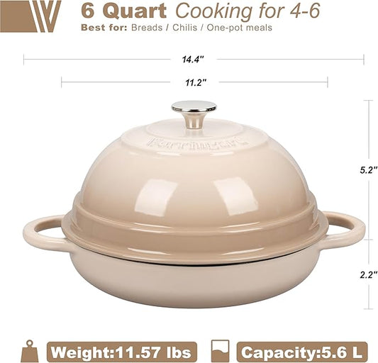 Cast Iron Enameled Dutch Oven Pot with Lid for Bread Baking, Bread Oven, 6 Quart, Latte