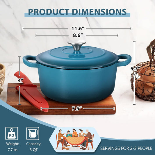 E-far 3 Qt Enameled Cast Iron Dutch Oven with Lid, Small Round Nonstick Dutch Oven Pot for Bread Baking Braising Stews Roasting Cooking, Heavy Duty, Induction & Oven Safe - Teal Mist