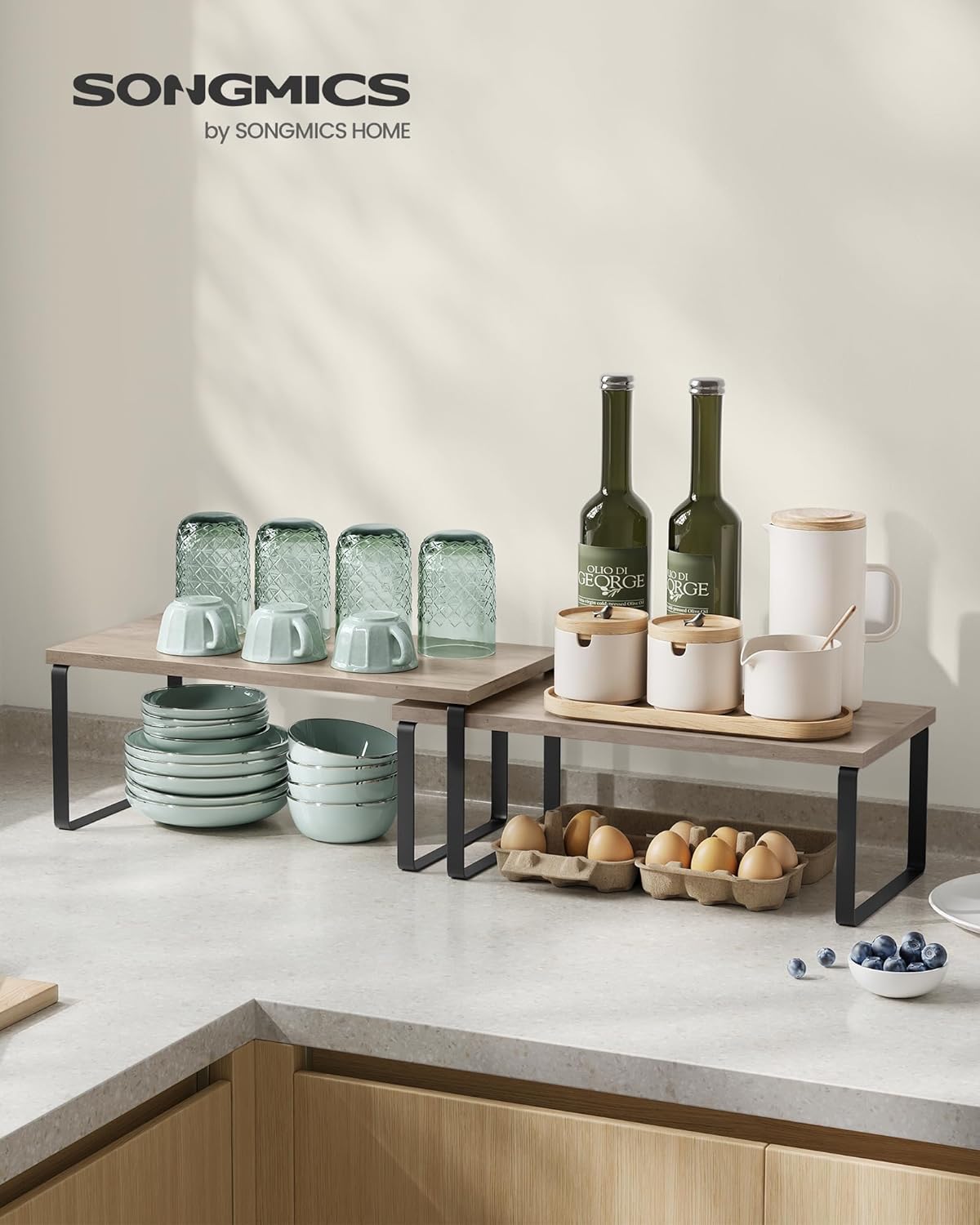 SONGMICS Cabinet Organizer Shelf, Set of 4 Kitchen Counter Shelves, Kitchen Storage, Spice Rack, Stackable, Expandable, Metal and Engineered Wood, Ink Black and Heather Greige UKCS022X02