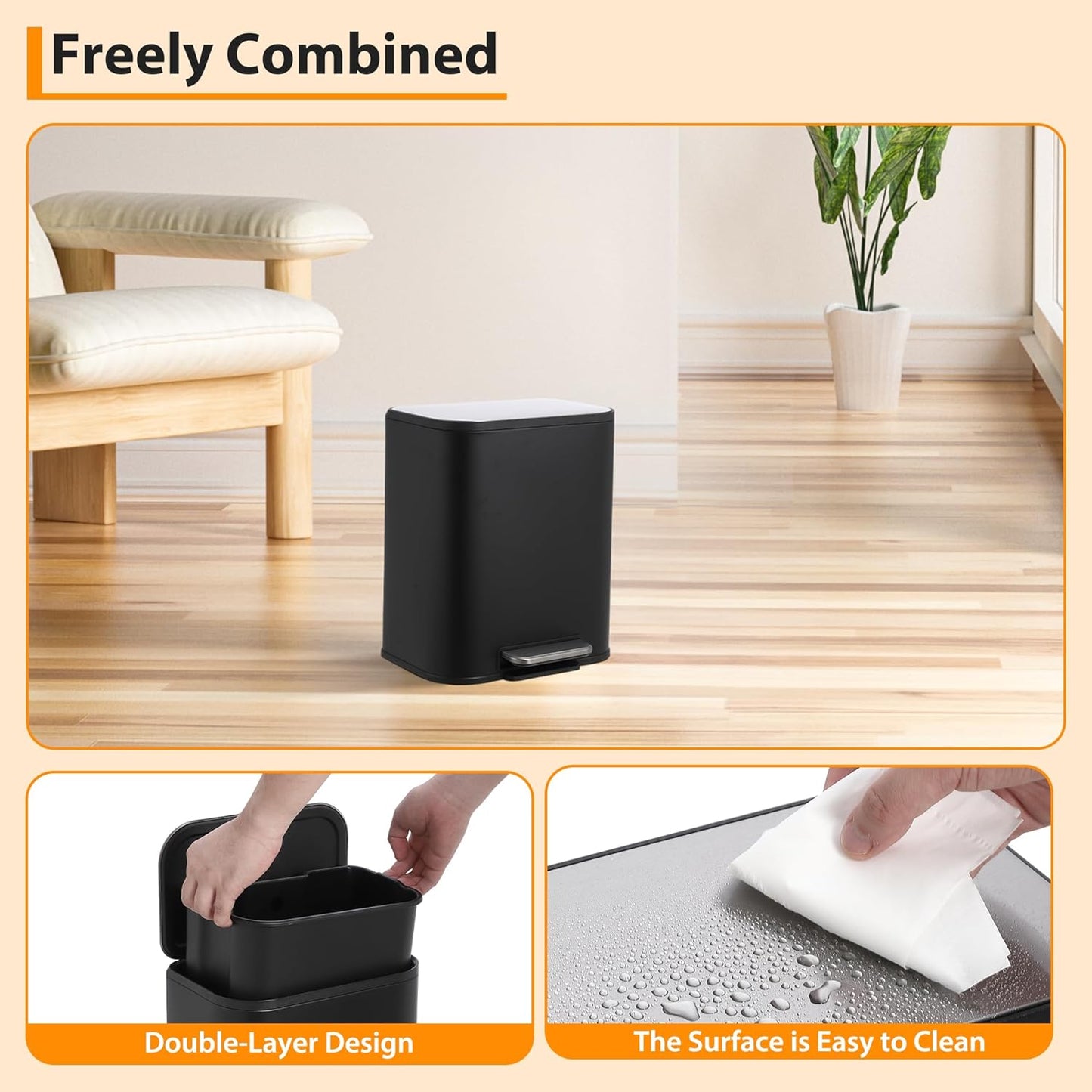 Bathroom Trash Can with Lid, 3.2 Gallon Stainless Steel Garbage Can with Step-On Pedal and Inner Bucket, Rectangular Trash Can for Kitchen Office Living Room Small Spaces (12 L, Black)