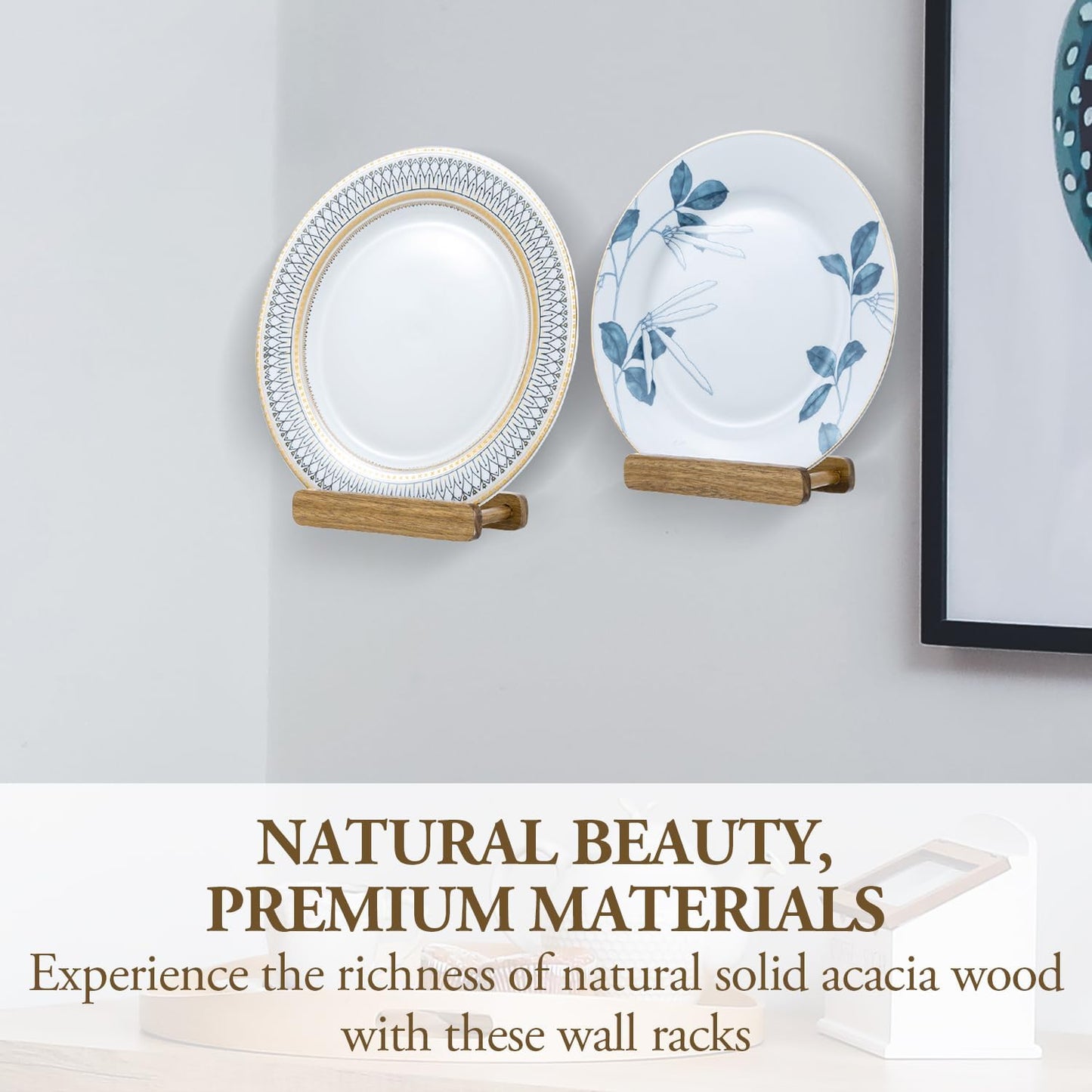 MyGift Natural Acacia Solid Wood Single Plate Hanger Display Rack, Mid Century Style Wall Mounted Decorative Platter Fine China Collectible Dish Holders, Holds 8 to 10 Inch Plates, Set of 2