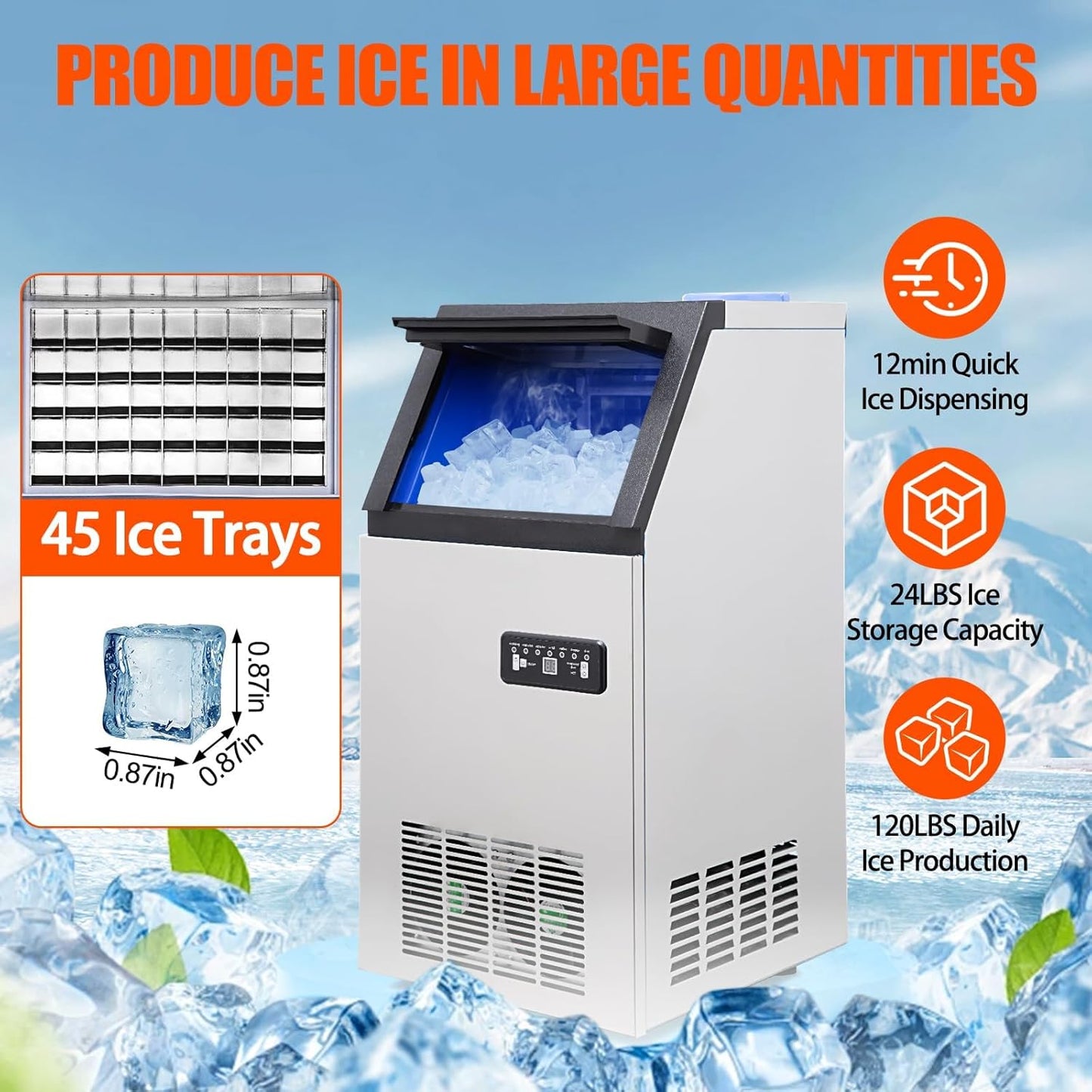 Commercial Ice Maker Machine, 120lbs/24H Stainless Steel Under Counter Ice Machine with Large Ice Storage Capacity, Freestanding Ice Maker for Restaurant, Bar, Cafes, Home Office