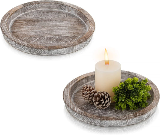 Hanobe Rustic Wooden Serving Tray Set of 2 Round Wood Butler Decorative Tray Whitewash Centerpiece Candle Holder Trays Farmhouse Ottoman Tray for Decor Kitchen Counter Home Decor for Coffee Table