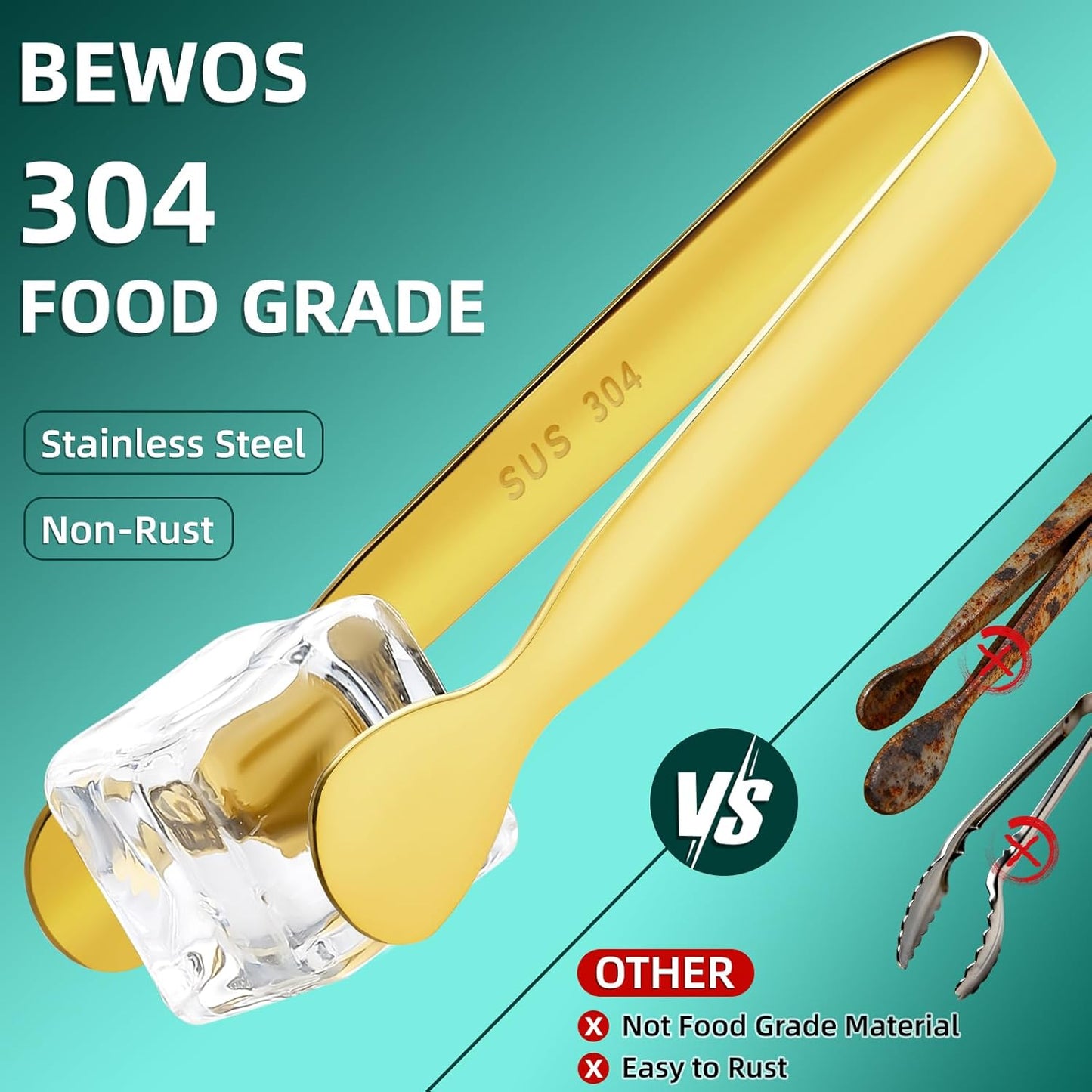 BEWOS 12Pcs Mini Serving Tongs - 4.3 Inch 304 Stainless Steel Ice Tongs, Gold Serving Tongs for Charcuterie Boards Accessories Serving, Coffee Bar, Tea Party, Desserts Banquet and Ice Bucket