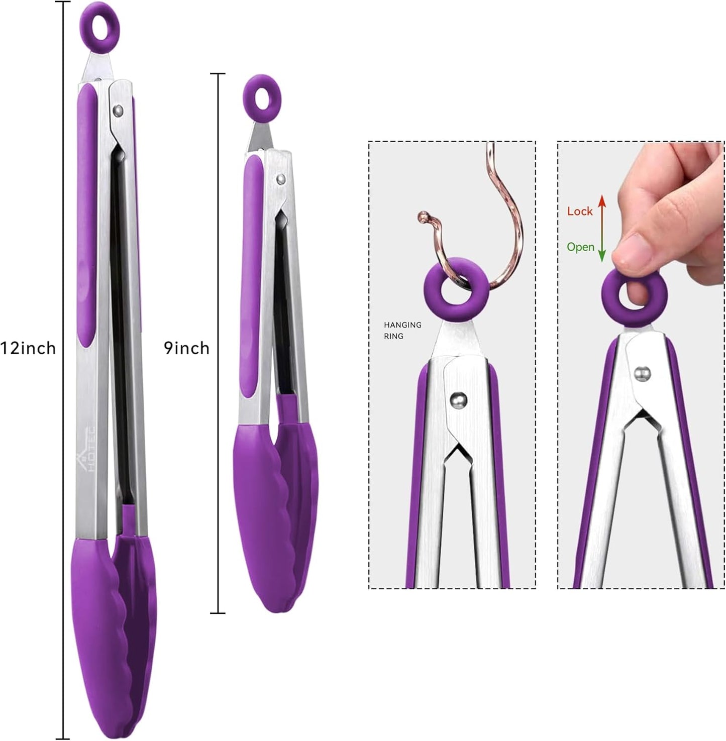 HOTEC Premium Stainless Steel Locking Kitchen Tongs with Silicon Tips, Set of 2-9" and 12" (Purple)