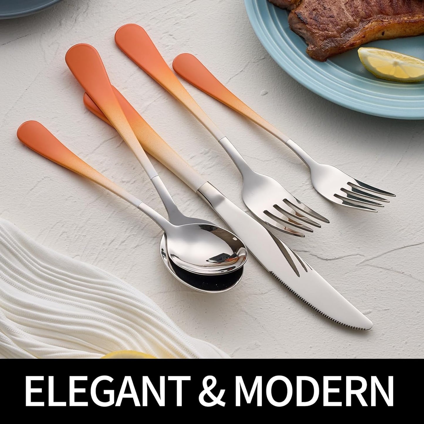 20-Pieces Color Silverware Sets for 4,Orange and white Handle Stainless Steel Cutlery Set, Include Forks Spoons and Knives Set, Dishwasher Safe Utensil Sets for Home Restaurant