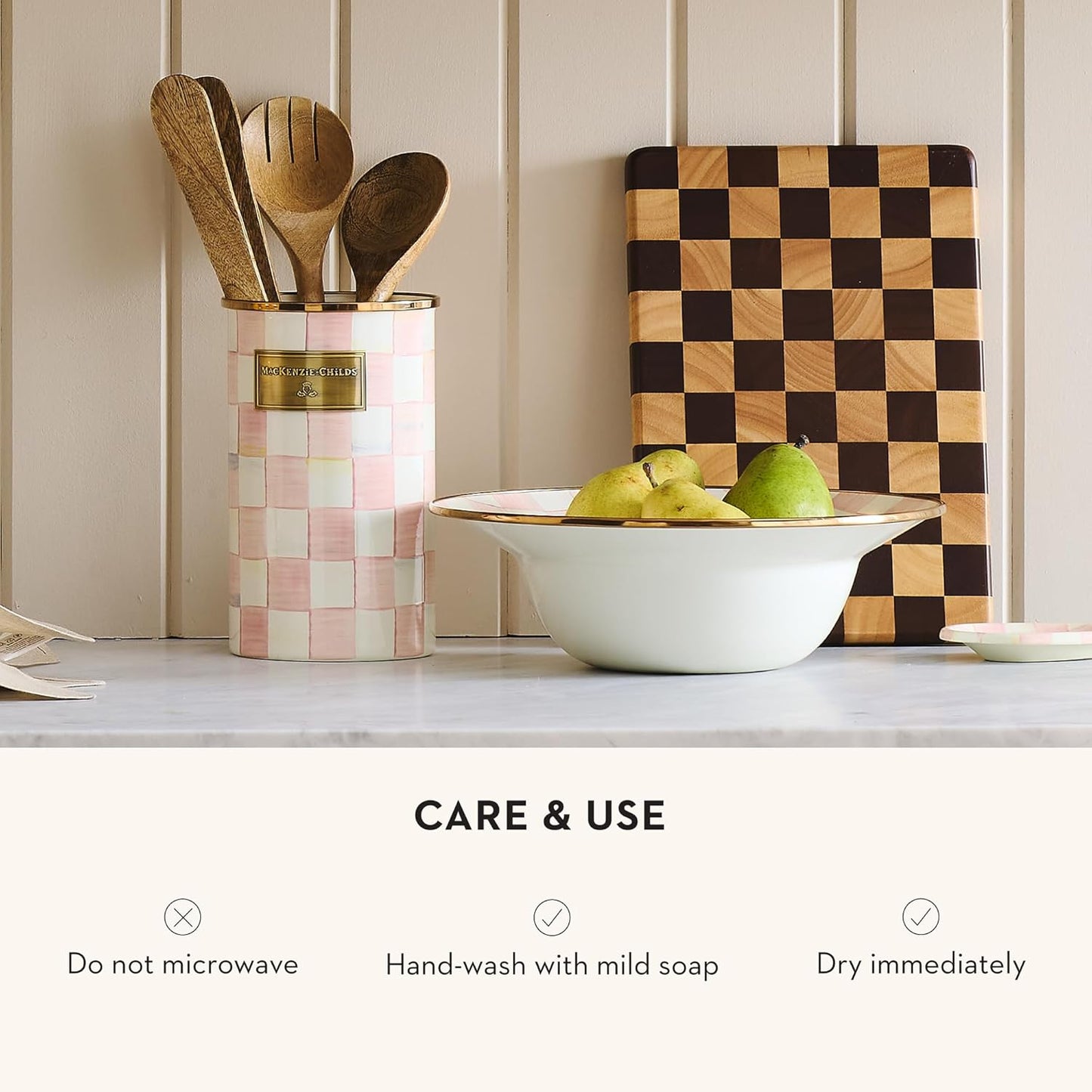 MACKENZIE-CHILDS Checkered Enamel Serving Bowl for Entertaining, Everything Bowl, Rosy Check