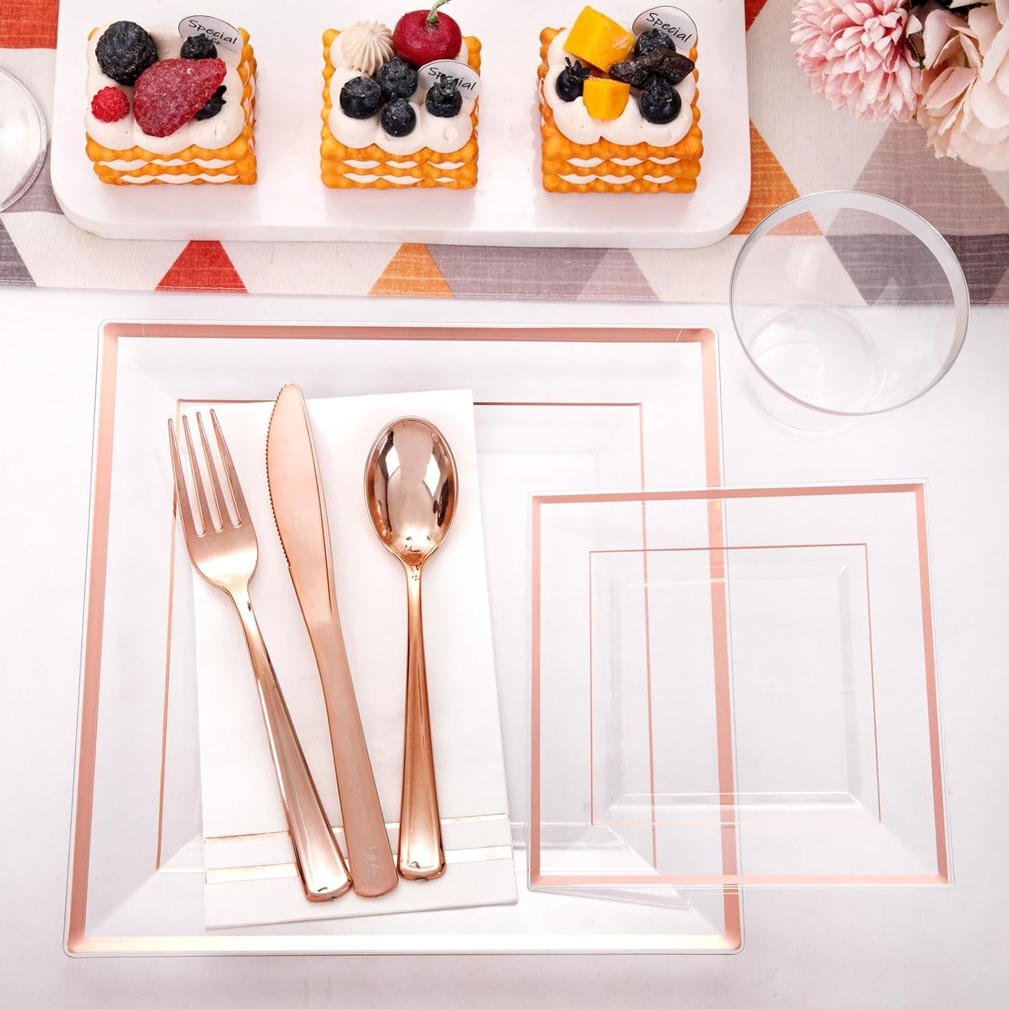 Festiva 350Pcs Rose Gold Plastic Plates - Clear Rose Gold Disposable Dinnerware Sets for 50Guests include 100 Plates 50 Cups 50Plastic Cutlery 50Napkins for Christmas Party&Wedding&Mother's Day