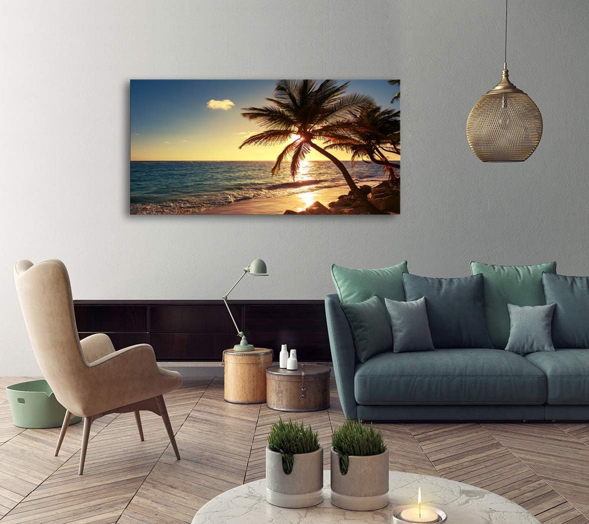 Muolunna S04962 Wall Art Decor Large Canvas Print Picture Sunset Ocean Beach Waves 1 Panel Coconut tree Scenery Painting Artwork for Office Home Decoration Stretched and Framed Ready to Hang XLarge
