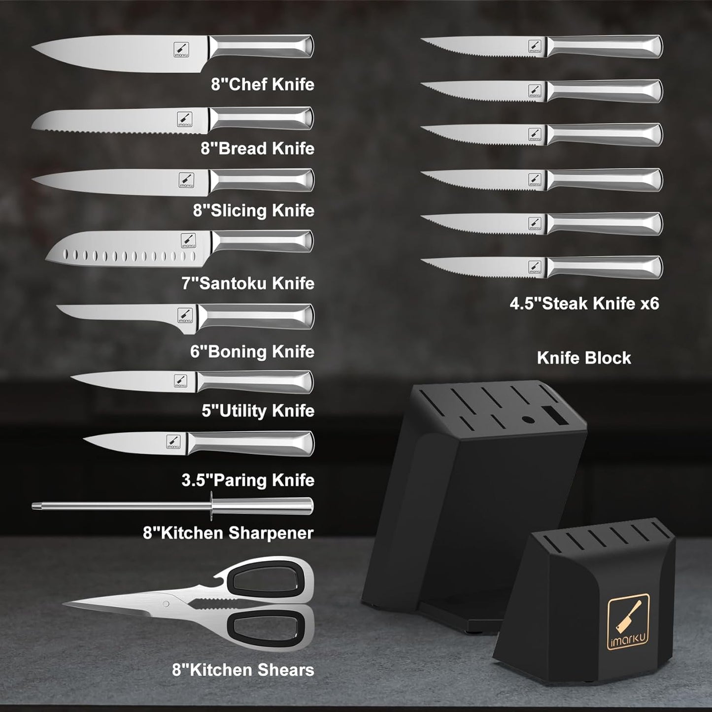 Knife Block Set, imarku 16 Pcs Kitchen Knife Set with Sharpening Rod, High Carbon Stainless Steel Knives Set for Kitchen with Ergonomic Non-Slip Handle, Dishwasher Safe