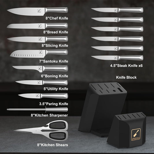 Knife Block Set, imarku 16 Pcs Kitchen Knife Set with Sharpening Rod, High Carbon Stainless Steel Knives Set for Kitchen with Ergonomic Non-Slip Handle, Dishwasher Safe