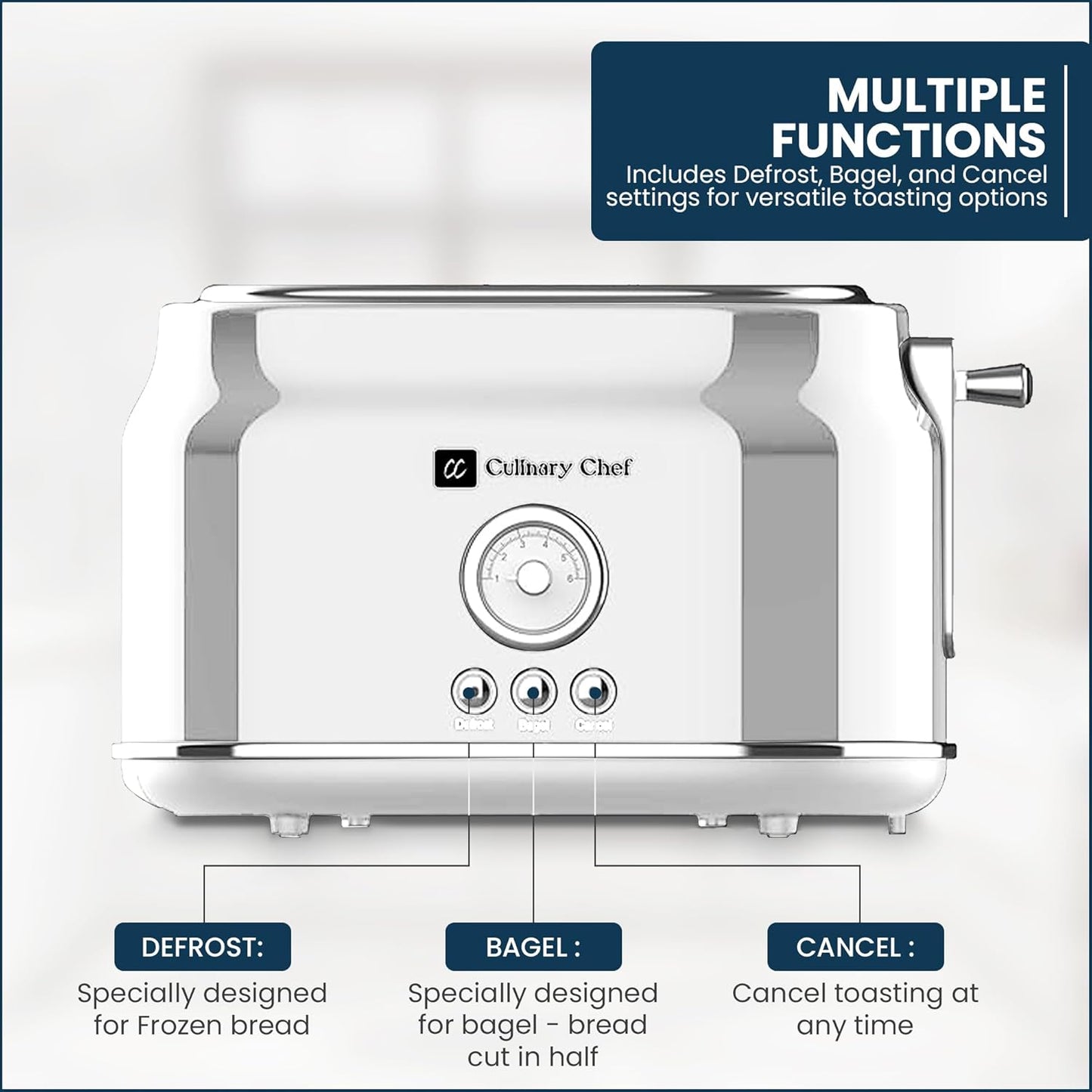 CULINARY CHEF, 2 Slice Toaster, Retro Style, Wide Slot for Bread, English Muffins, Croissants, and Bagels, 6 Adjustable Toast Settings, Cancel and Defrost, 900w, White