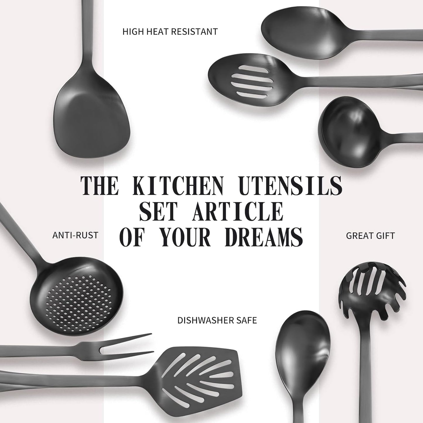 304 Stainless Steel Kitchen Utensil Set - 9pcs Cooking Utensils, Metal Kitchen Utensil Spatula Sets Cookware,High temperature resistance Kitchen Tool Set for Hanging Dishwasher Safe（Black）