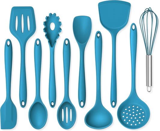 Onader Navy Blue Kitchen Utensils Set, Silicone Cooking Utensils Set of 10 with Turner Spoon Spatula Whisk Pasta Server, Dishwasher Safe