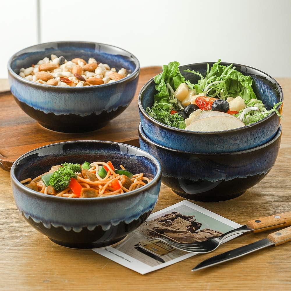 24 Ounce Soup Bowl Set, Porcelain Cereal Bowls Microwave And Dishwasher Safe, Ceramic Kitchen Bowls For Oatmeal Breakfast, Chip, Rice, Reactive Glaze Set of 4 (Nebule Blue)