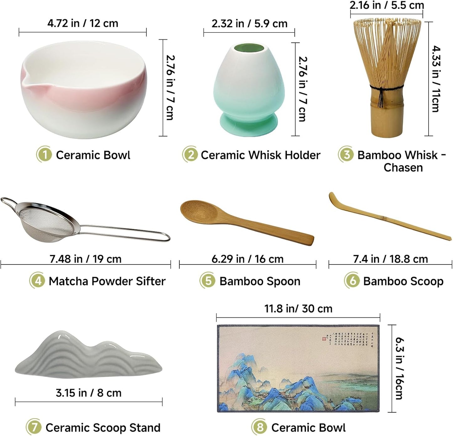 Matcha Whisk Set with Ceramic Bowl - Bamboo Whisk (Chasen), Scoop, Sifter & Holder - Complete Kit for Traditional Matcha Tea - Unique Gifts for Tea Lovers (Sakura Moss Fade)