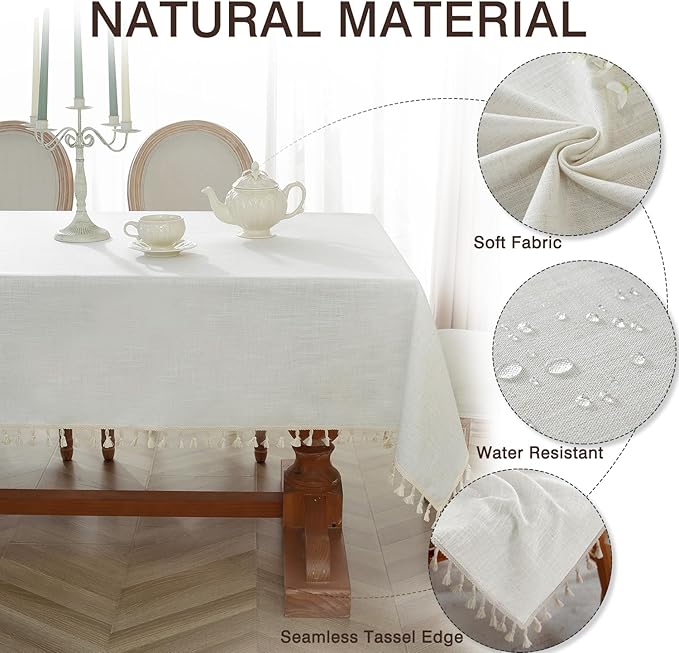 JIALE Textured Tablecloths, Heavy Duty Cotton Linen Farmhouse Table Cloth Rectangle Table, Waterproof Wrinkle-Free Rectangle Tablecloth for Kitchen, Dining, Parties, 55"x90", Ivory