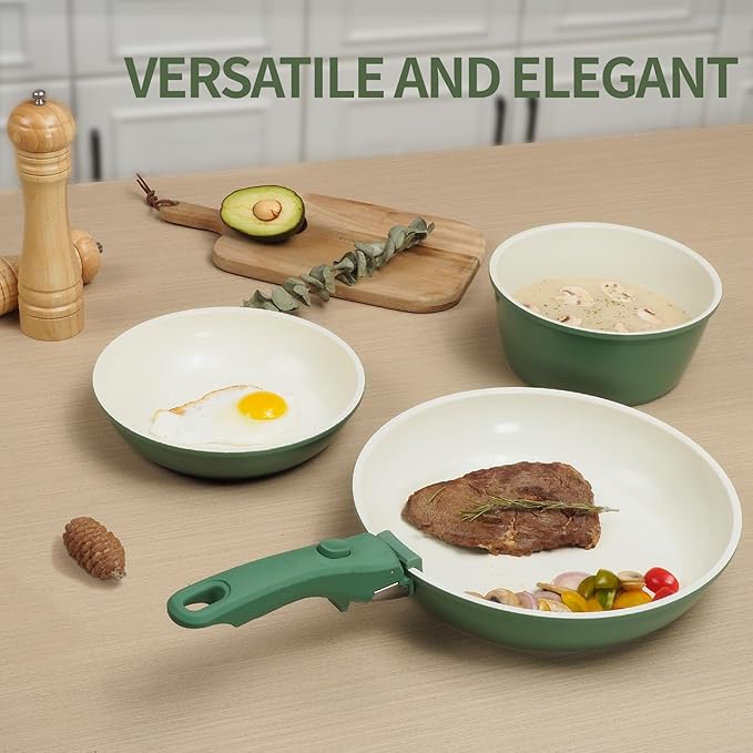 8PCS Ceramic Cookware,Nonstick Ceramic Pan, Removable Handle Pots and Pans Set, Stackable Set, Nonstick Pan Pots and Pans Set Non Stick pot (Green)