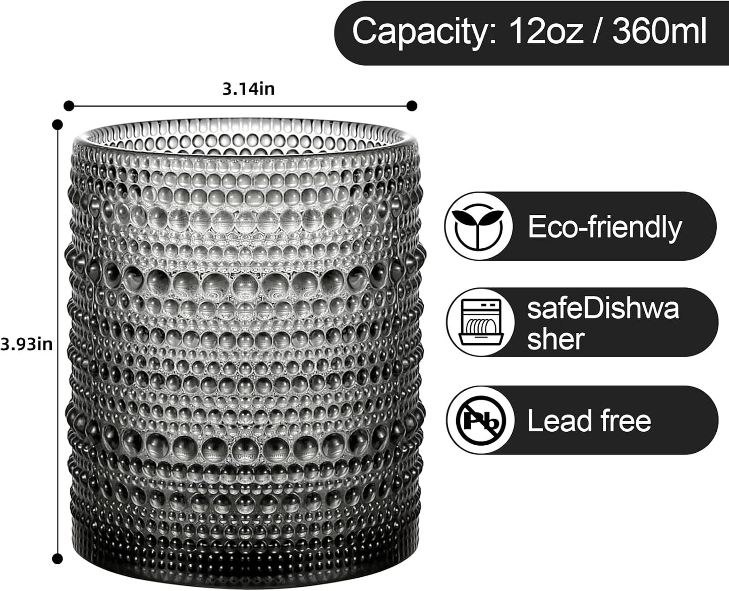 Vintage Glassware Drinking Glasses Set of 6,12 oz Hobnail Glass Cups,Embossed Grey Water Tumbler,for Beer,Cocktail,Whiskey,Juice and Various Mixed Drinks- 1 Cleaning Brush