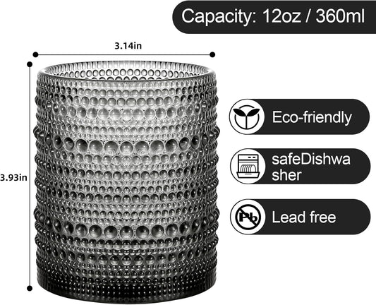 Vintage Glassware Drinking Glasses Set of 6,12 oz Hobnail Glass Cups,Embossed Grey Water Tumbler,for Beer,Cocktail,Whiskey,Juice and Various Mixed Drinks- 1 Cleaning Brush