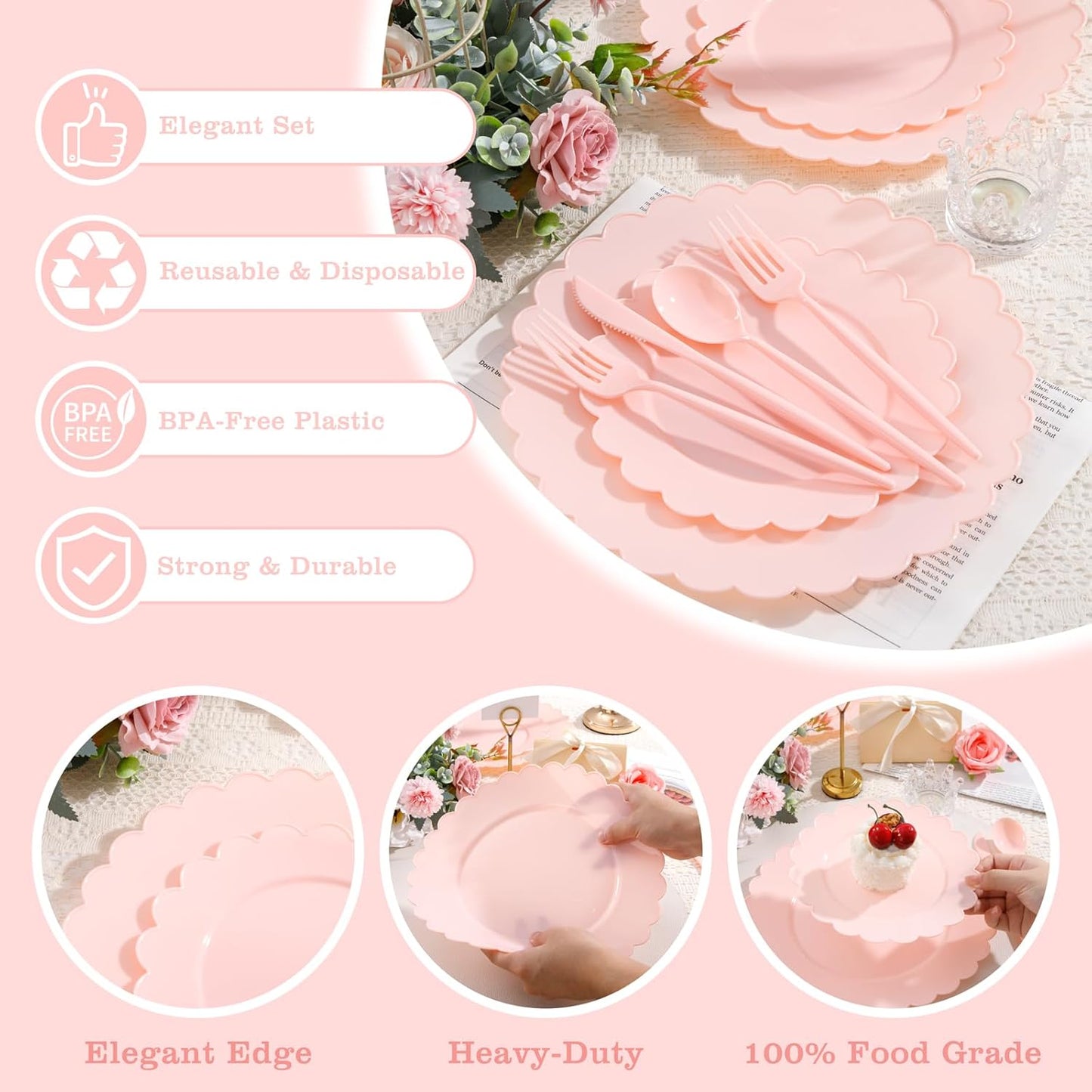 WONDERFUL 150 Pcs Pink Plastic Plates Disposable Plastic Dinnerware Set Pink Silverware Set Disposable Plates for Party Wedding & Bridal Shower Pink Party Decorations Suitable for 30 Guests