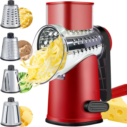 VEKAYA Cheese Grater, Cheese Grater Hand Crank, 4 Interchangeable Blades Cheese Shredder, Vegetable Slicer, Non-slip Suction Base, Easy to Clean Rotary Grater with Handle (Red)