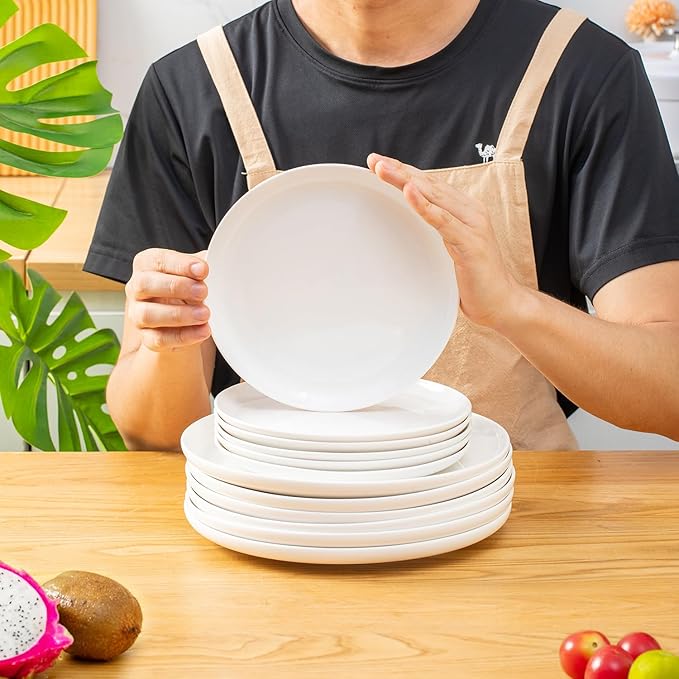 AntoKueh White Ceramic Plates Set of 6, 8.2 Inch Round Porcelain Salad Plate, 6-piece dishes with shallow Edge for Appetizer, Steak, Dishwasher/Microwave safe