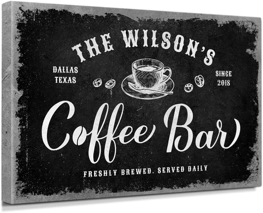 IPIC - Tailored Canvas Custom Coffee Bar Sign, Large Personalized Canvas Wall Art with Family Name, Farmhouse Style Wall Decor for Home Kitchen Bar, Made in USA