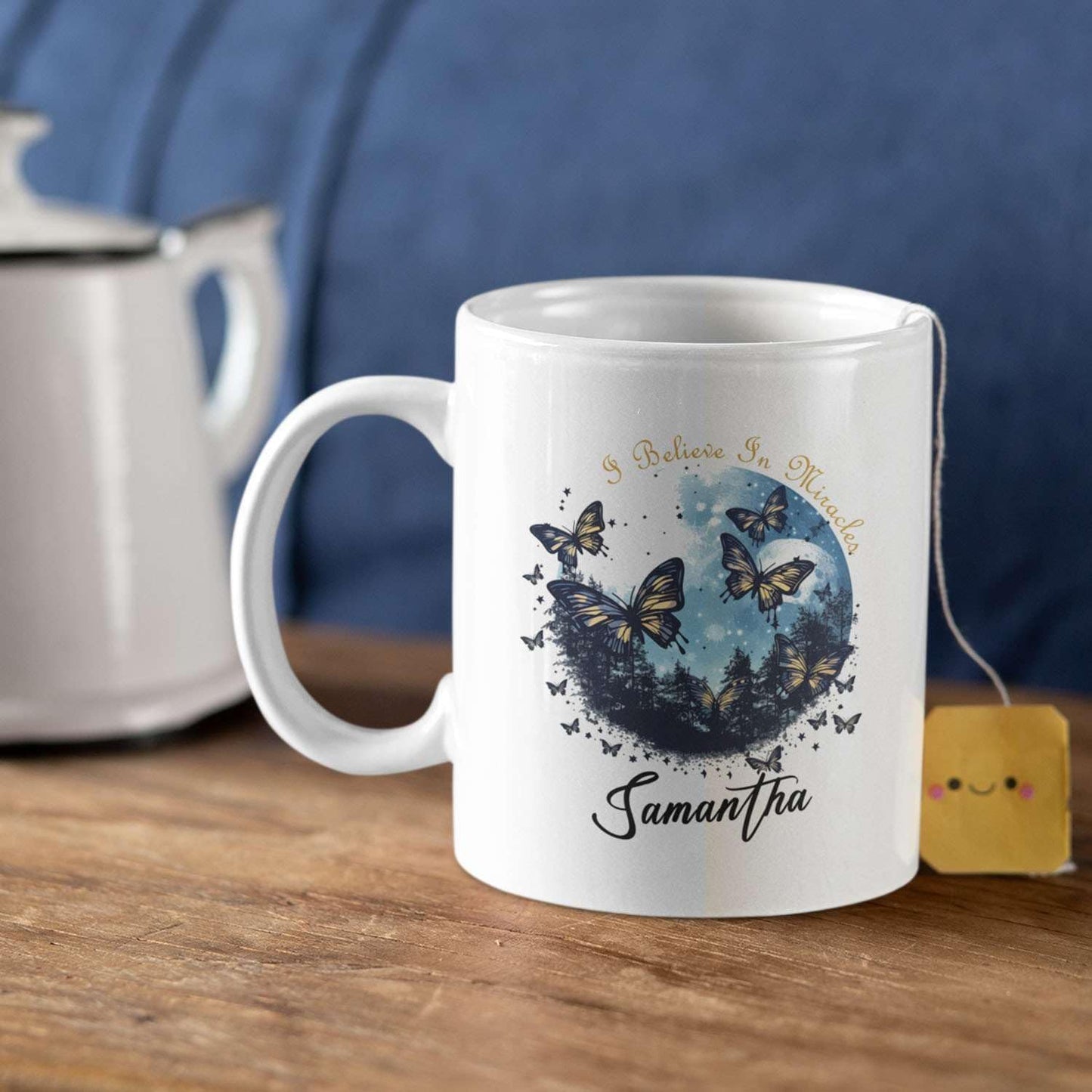 Customized Awesome I Believe In Miracles Tea Cups, Personalized Name On Colorful Butterfly Coffee Mug For Birthday, Custom Unique Ceramic Cup Gift For Animal Lovers 11oz 15oz