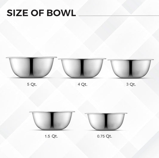 AVADOR Premium Stainless Steel Mixing Bowls, Set of 5 Brushed Stainless Steel Mixing Bowl Set, Easy To Clean, Space Saving, Great for Cooking, Baking, Prepping (5 Pc Mixing Bowl)