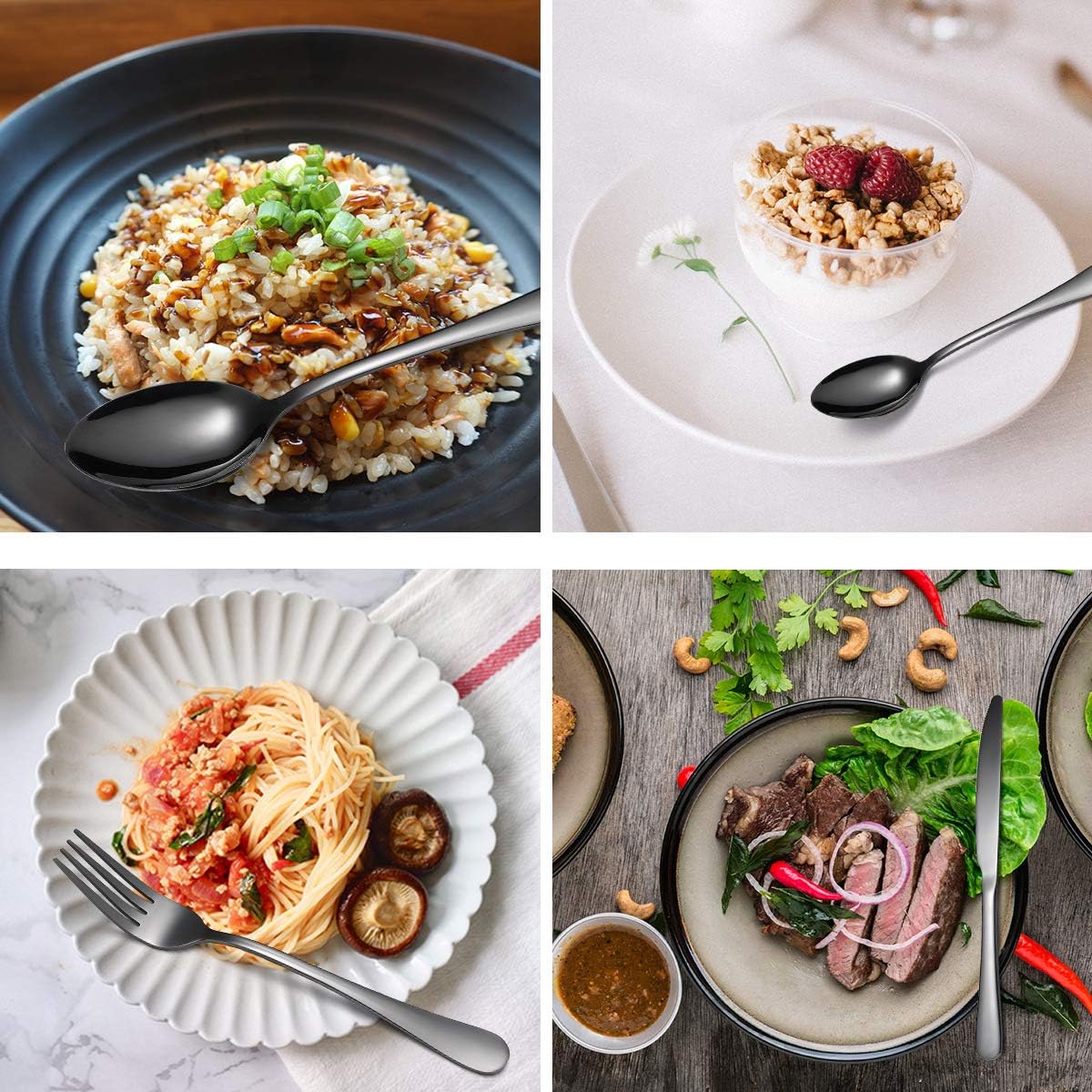 Black Silverware Set for 12 Stainless Steel Flatware 60 Piece Cutlery Spoon Fork Knife Kitchen Eaing Utensils Wide Round Handle Restaurant Festival Parties Easy to Clean