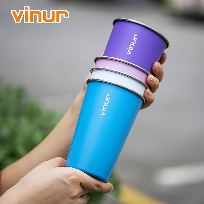 VINUR 16 oz Stainless Steel Cups 4 Pack Pint Tumbler Stackable Metal Drinking Glasses for Travel, Camping, Outdoors (Purple Pink-Sky Blue-Purple-Baby Blue)