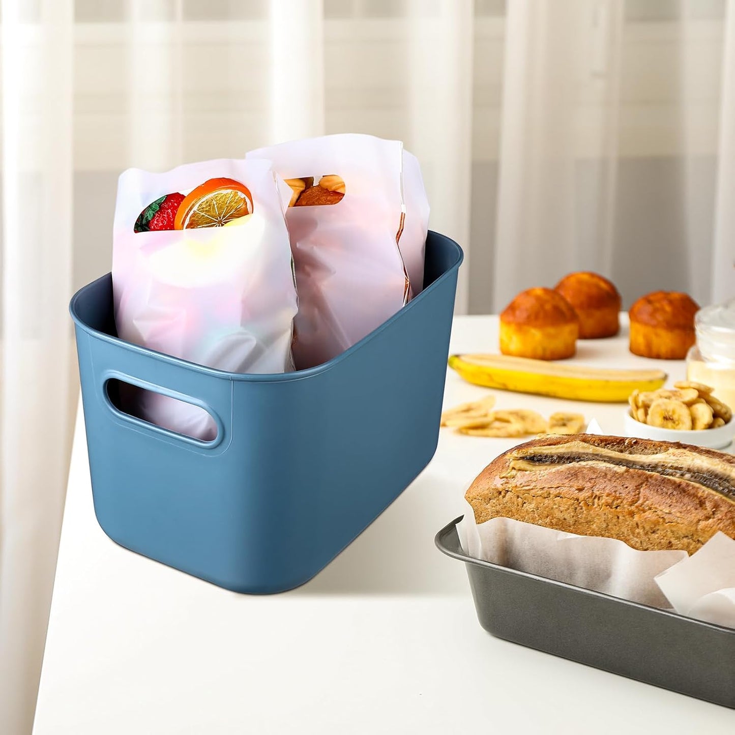 Hoolerry 8 Pieces Colorful Storage Bins with Lid, Plastic Storage Basket Organizing Container Stackable Box with Handle for Shelves Desktop Playroom Office(16.1 x 12.0 x 9.7 Inch,Blue)