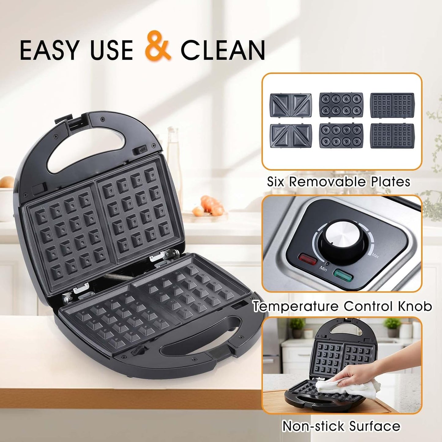 3-in-1 Mini Waffle Maker with Non-Stick Plates, Electric Sandwich Maker, Mini Donut Maker, Breakfast Sandwich Maker Press with Removable Plates, Compact Design & Adjustable Temperature Knob