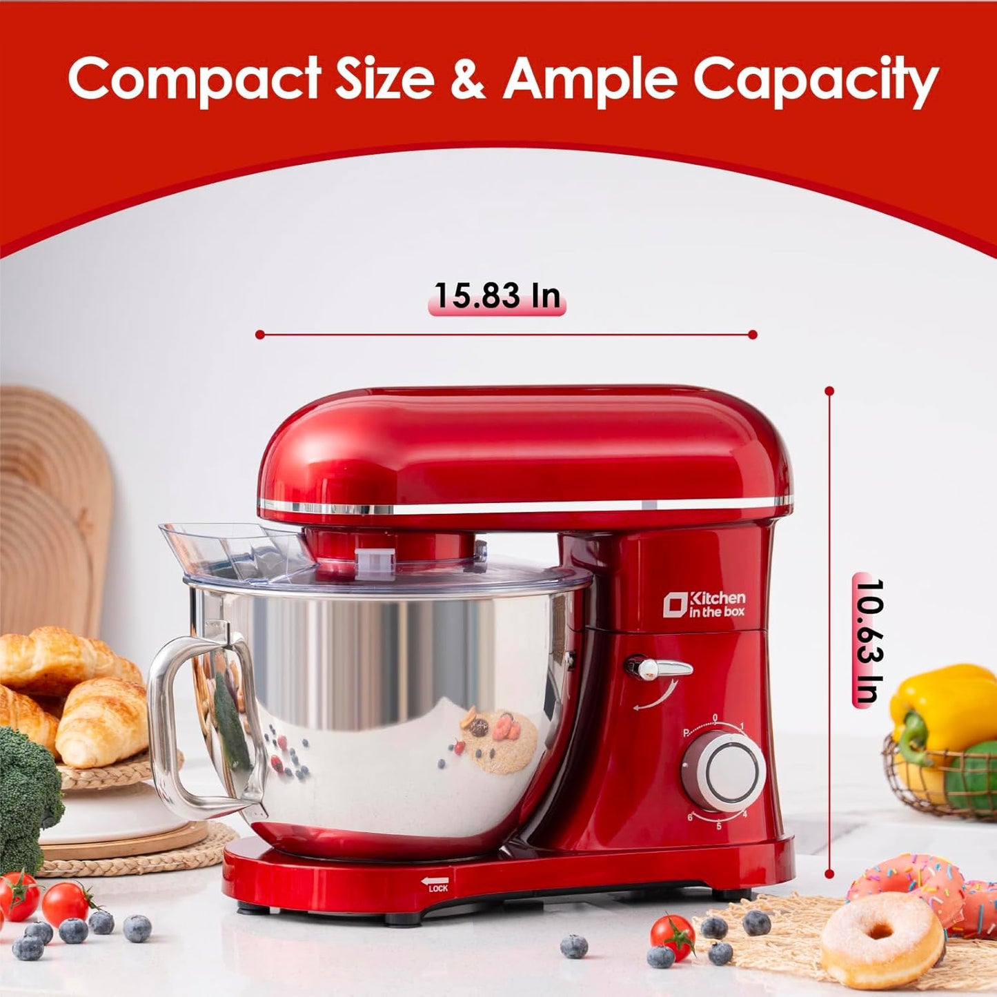Kitchen in the box Stand Mixer - 8.5 Quart Giant Capacity Mixing Bowl, 900 Watt Powerful Heavy Bread Dough Standing Mixers Tilt-head with Dough Hook, Whisk, Flat Beater and Splash Guard (Red)