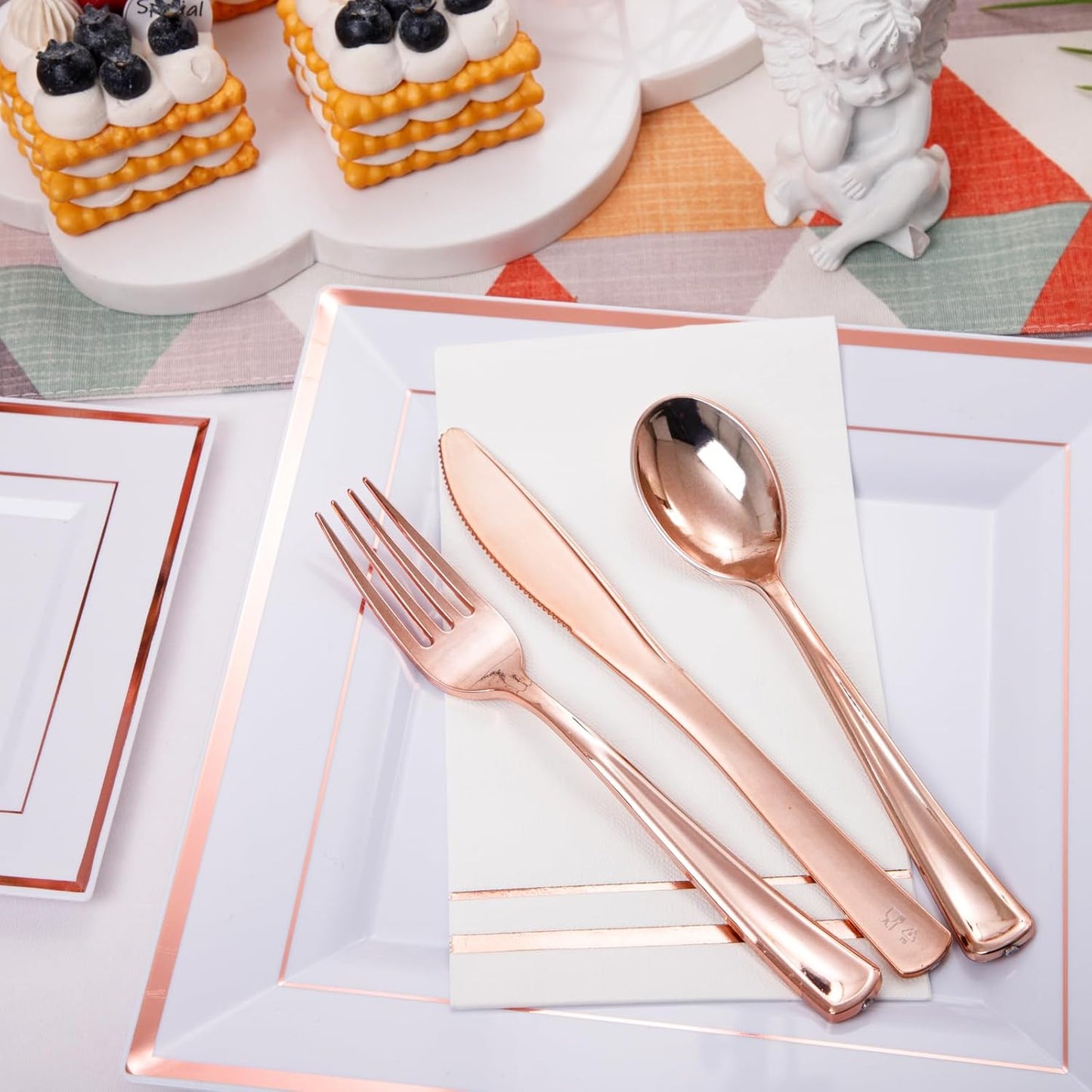Festiva 350Pcs Rose Gold Plates and Napkins Party Supplies-Square White and Rose Gold Disposable Dinnerware include Plates Cups Cutlery Napkins for 50 Guests Wedding &Christmas Party&Mother's Day