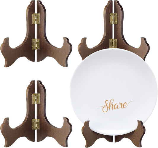 Tatuo 4 Packs Wooden Display Stand Decorative Plate Stands for Display Picture Frame Holder Easels(Brown,4 Inch)