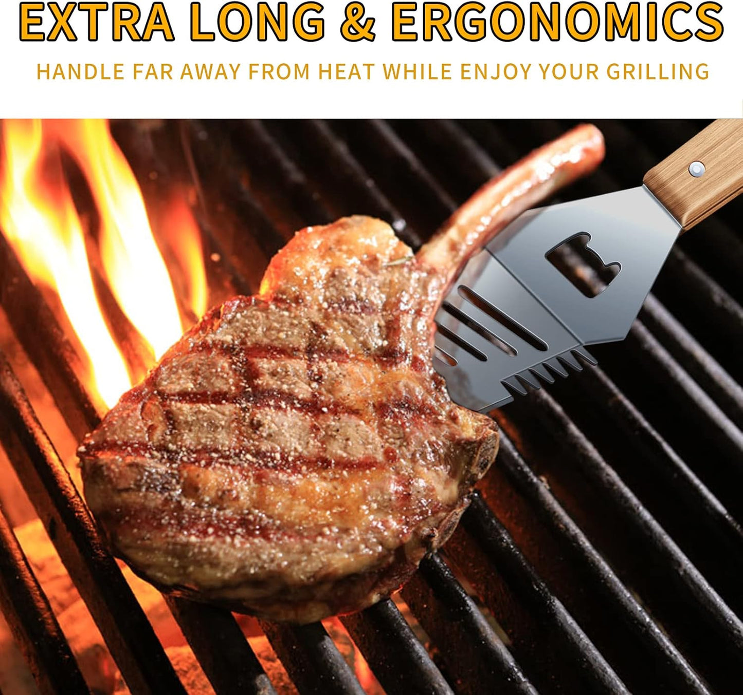 4-in-1 BBQ Spatula, Multifunction Grill Spatula with Wooden Handle, perfect for BBQ grills and kebabs for camping picnics