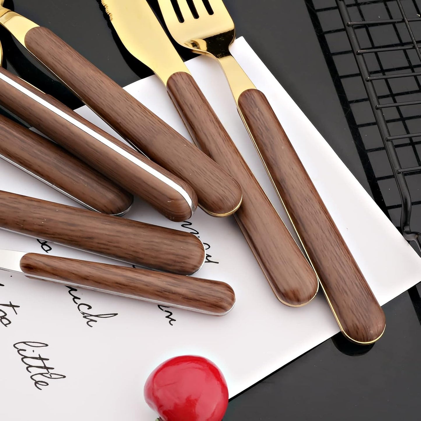 JASHII Wood Handle Flatware Set, 20 Pieces Stainless Steel Silverware Cutlery Set, Mirror Polished, Round Knife Fork Spoon Set, Dishwasher Safe - Round Head Gold