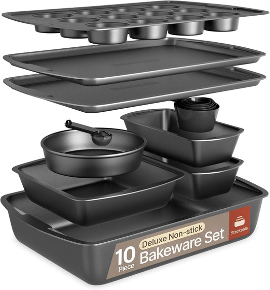 Gray 10-Piece Bakeware Sets, Nonstick Carbon Steel Baking Sheet & Pans, Stackable Space-Saving Bakeware, Dishwasher Safe, Stain-resistant, PFOAPFOSPTFE Free, Oven Safe Up To 450°F (230°C)
