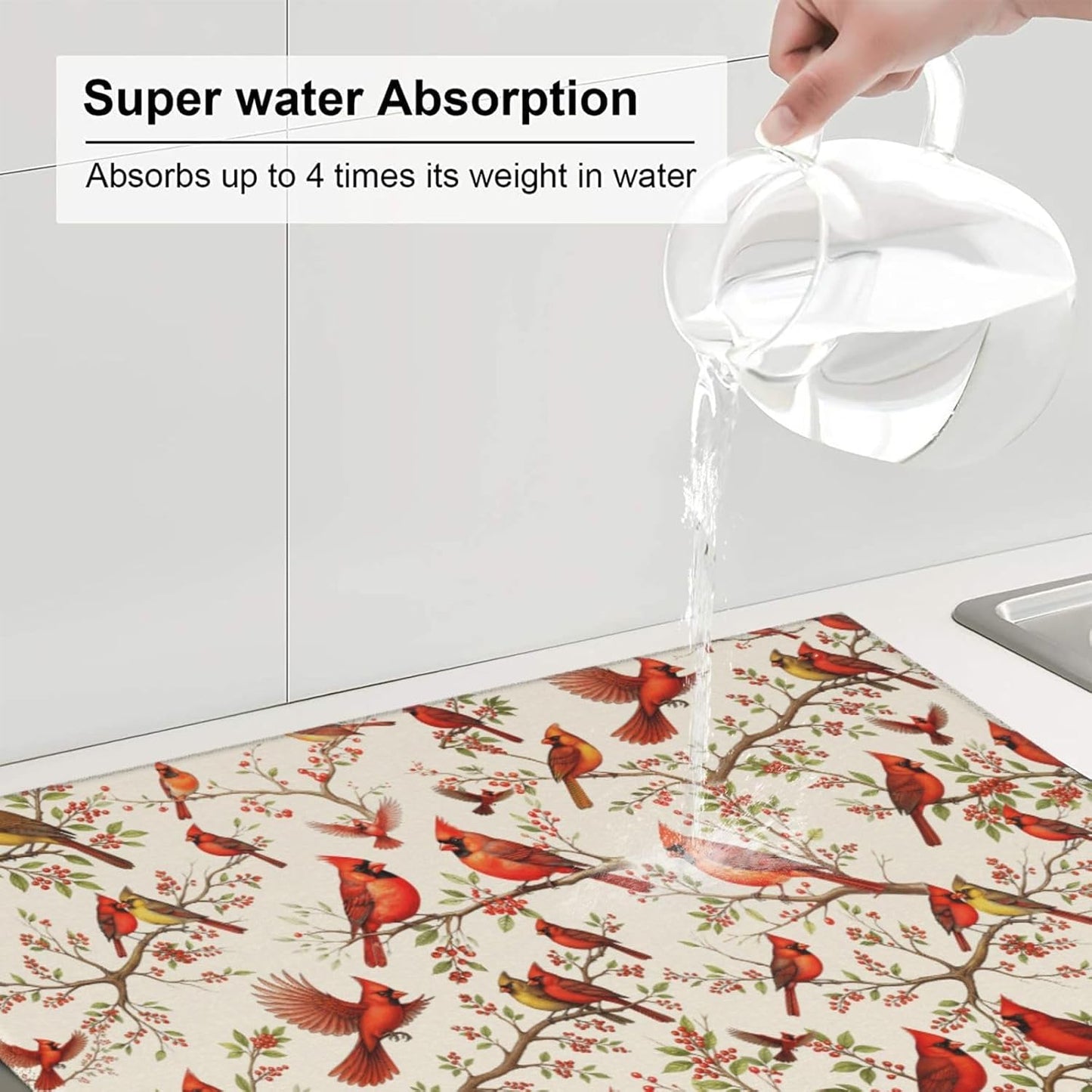 Red Cardinal Bird Floral Dish Drying Mat for Kitchen Counter & Sink, Absorbent Microfiber Christmas Cardinal Drying Pad for Dishes, Foldable Kitchen Mat for Dining Area, Christmas Gifts, 16" x 18" Red