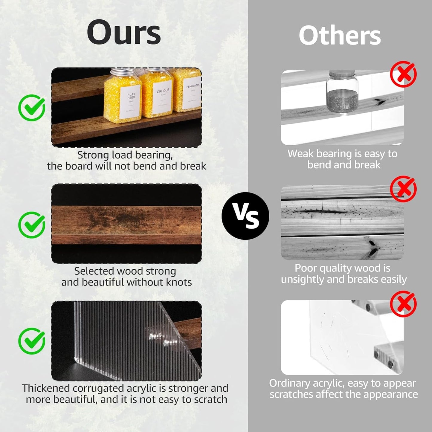 nianfeng Tiered Spice Rack, 3-Tier Spice Pantry Kitchen Cabinet Organizer, 12-Inch, Natural Wood Acrylic Stair Riser Stand, Countertop Seasoning Shelf (Rustic Brown)