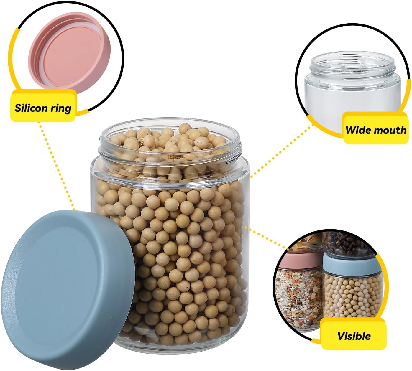 16Oz Overnight Oats Containers 16 OZ Mason Food Jars With lid Wide Mouth Glass Food Storage For Oats Yogurt Vegetable and Fruit Salad Spices Jam (12 Pack Color Lid)