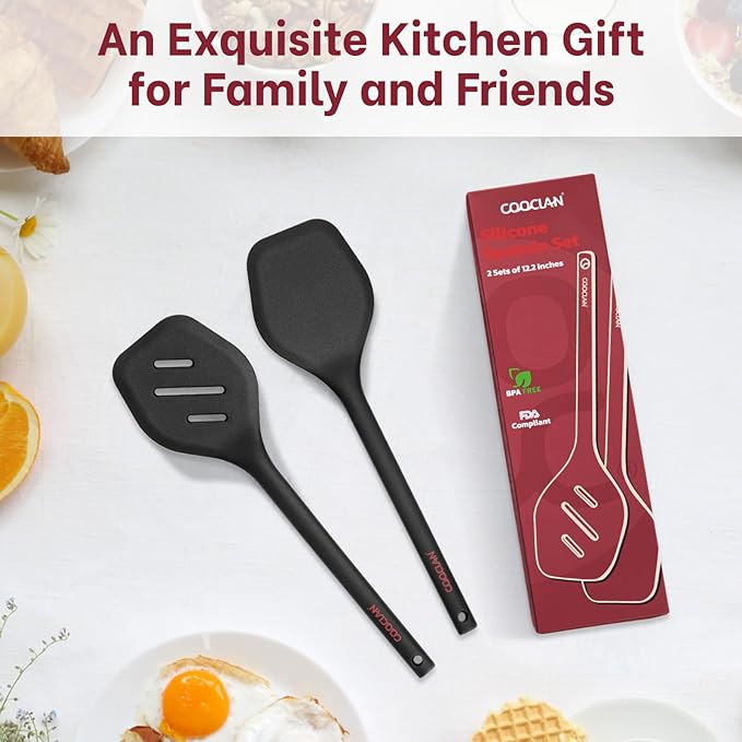 Silicone Spatula Set (BPA-Free), Ultra Heat Resistant Spatulas for Non-Stick Pans, 2 Pack Solid & Slotted Silicone Turner, One-Piece Cooking Spatula Turners for Kitchen Use, Black
