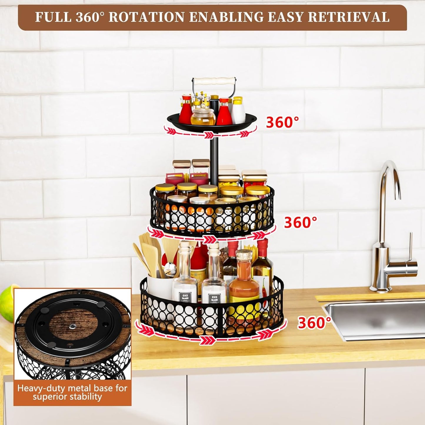 Heavy-Duty 3 Tier Lazy Susan Organizer, Upgraded DIY 4-in-1 Design Detachable Metal Rotating Spice Rack, Spice Organization for Kitchen Cabinet Countertop