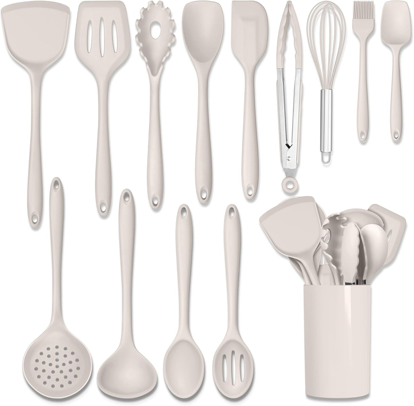 HaWare Kitchen Utensils, 14 PCS Silicone Cooking Utensils Set, Heat Resistant Kitchen Utensils for Non-stick Cookware, Kitchen Gadgets Tools with Spoons, Spatulas, Whisk, Dishwasher Safe (Khaki)